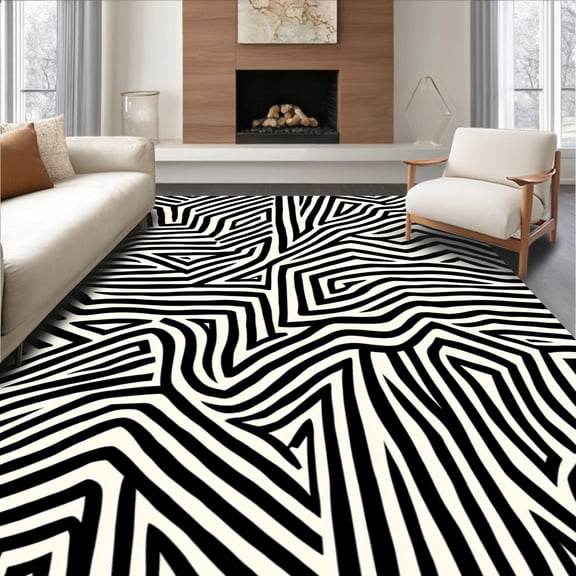 ODIKA 4'x6' Machine Washable Non-Slip Area Rug, Urban Jungle Stripe Illusion with Abstract Motion High Traffic Rug, Black, 285758
