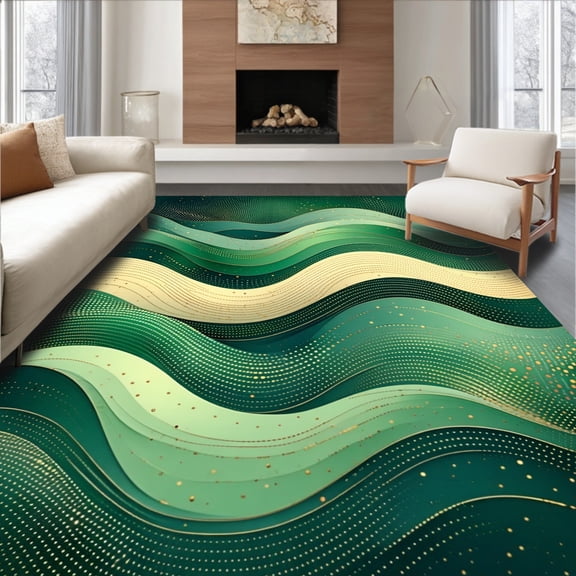 Flatwoven High Traffic Area Rug, Urban Zen Synthetic Grass with Stylized Wave and Dot, Non Slip, Stain Resistant, Washable Area Rugs for Living Room, Bedroom(Green, 4X6)