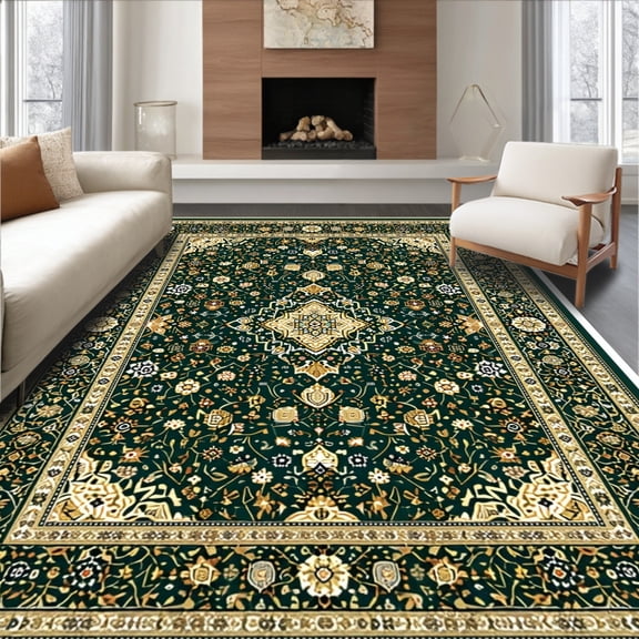 Flatwoven High Traffic Area Rug, Velvet African Style Kids Salah Mat, Non Slip, Stain Resistant, Washable Area Rugs for Living Room, Bedroom(Green, 4X6)
