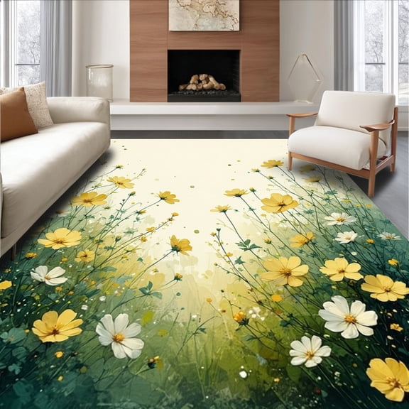 Flatwoven High Traffic Area Rug, Veranda Daisy Introspection Utopia Line Art, Non Slip, Stain Resistant, Washable Area Rugs for Living Room, Bedroom(Yellow, 2X3)