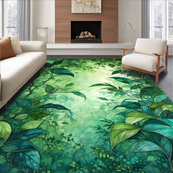 Flatwoven High Traffic Area Rug, Verdant Canopy Bath Emerald Leaves Floor Botanical Accent, Non Slip, Stain Resistant, Washable Area Rugs for Living Room, Bedroom(Green, 4X6)