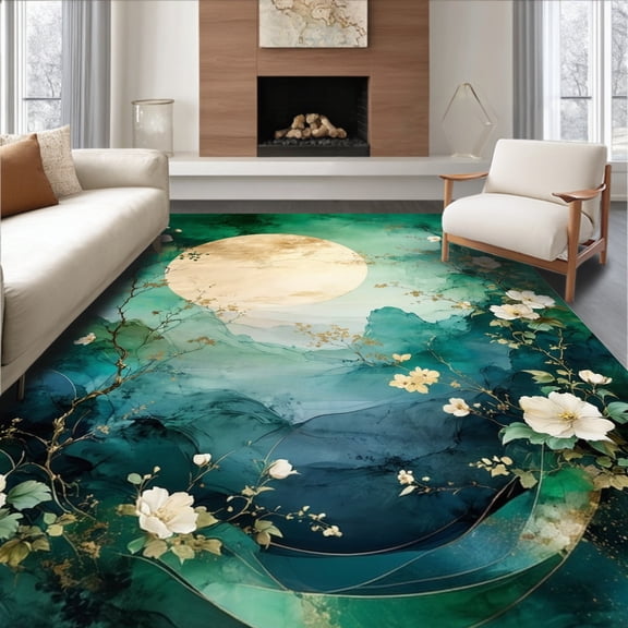 ODIKA 4'x6' Machine Washable Non-Slip Area Rug, Verdant Dreamscape with Artistic Flora and Ethereal Swirl Design High Traffic Rug, Green, 84304