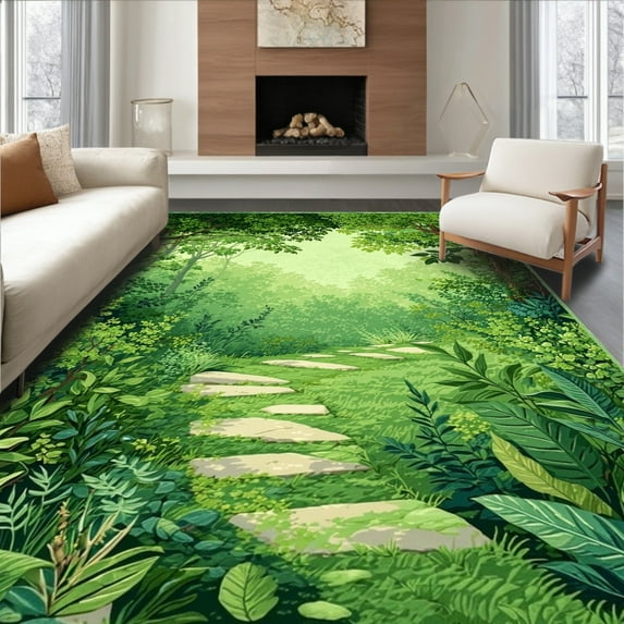 ODIKA 4'x6' Machine Washable Non-Slip Area Rug, Verdant Garden Path Absorbent Boho Aesthetic Shower High Traffic Rug, Green, 56122