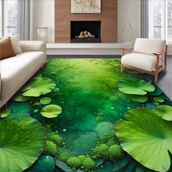 ODIKA 4'x6' Machine Washable Non-Slip Area Rug, Verdant Oasis Bath with Tranquil Nature Inspired for Spa Feel High Traffic Rug, Green, 92837