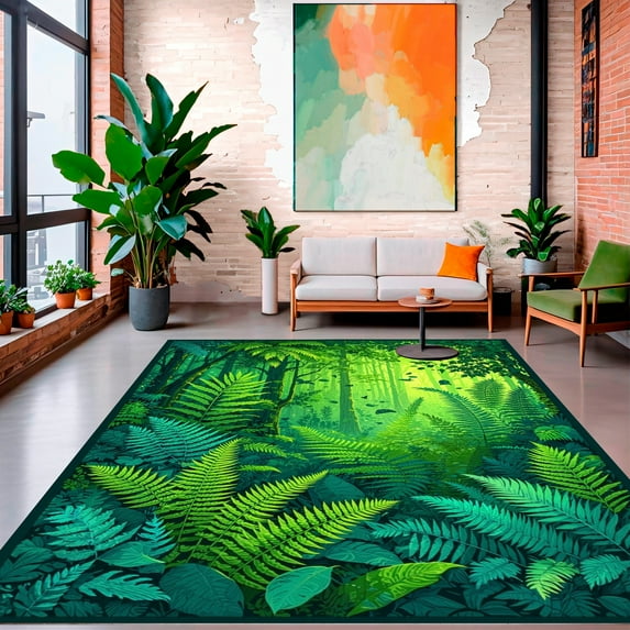 ODIKA 8'x10' Machine Washable Non-Slip Area Rug, Verdant Oasis Floral Leaf Design for Patio Deck Balcony Backyard High Traffic Rug, Green, 144475