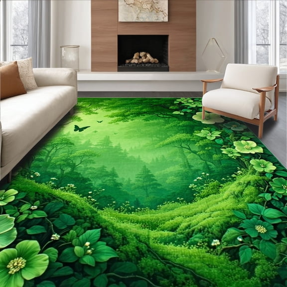 ODIKA 4'x6' Machine Washable Non-Slip Area Rug, Verdant Oasis Round Blooming Flower Moss High Traffic Rug, Green, 92997