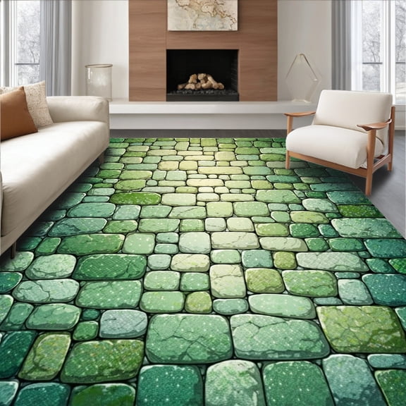 ODIKA 4'x6' Machine Washable Non-Slip Area Rug, Verdant Pebble Pathway Featuring Stone Mosaic and Forest Green Accents High Traffic Rug, Green, 92843