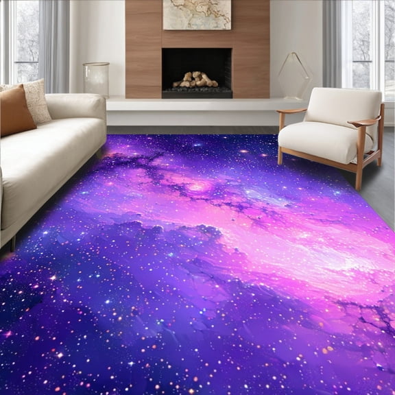 Flatwoven High Traffic Area Rug, Vibrant Abstract Cosmic Swirls, Non Slip, Stain Resistant, Washable Area Rugs for Living Room, Bedroom(Purple, 4X6)