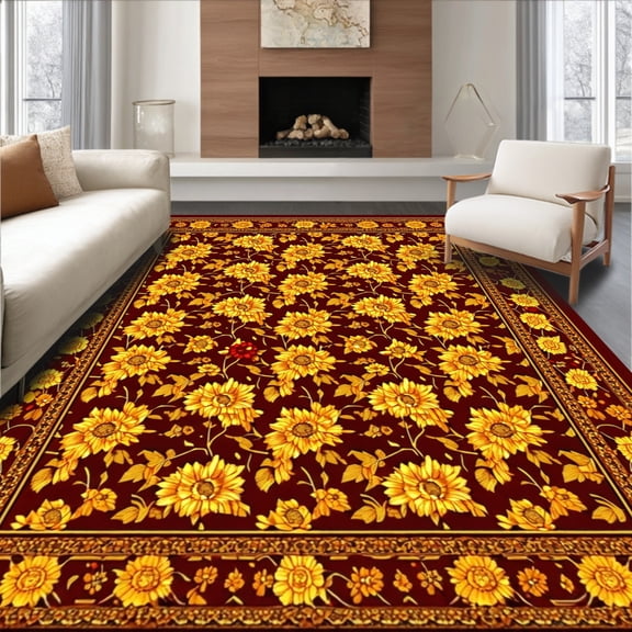 ODIKA 4'x6' Machine Washable Non-Slip Area Rug, Vibrant Autumn Harvest Square Weatherproof Balcony Deck Design High Traffic Rug, Red, 67069