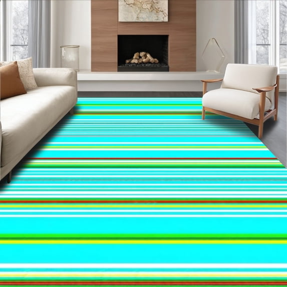 ODIKA 4'x6' Machine Washable Non-Slip Area Rug, Vibrant Boho Stripe with Rich Turquoise and Diverse Hue Accents High Traffic Rug, Turquoise, 264747