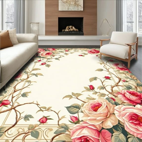 ODIKA 4'x6' Machine Washable Non-Slip Area Rug, Vibrant Botanical Bloom with Rose Accents and Multicolor Floral Motifs High Traffic Rug, Ivory, 61726