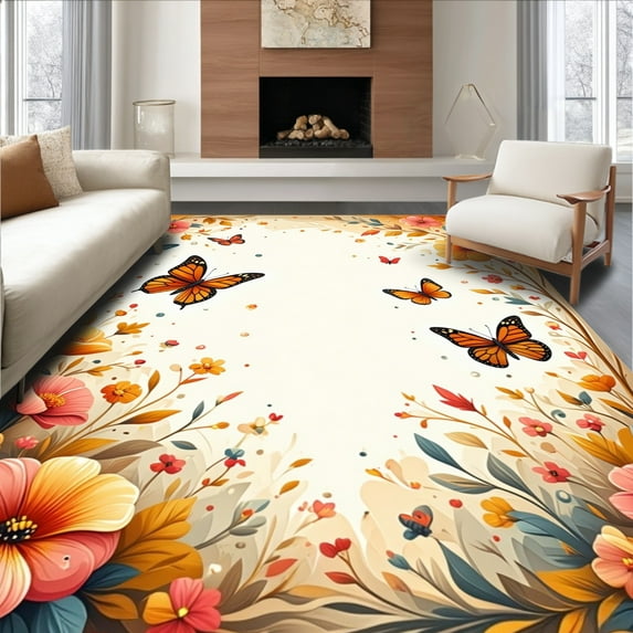 ODIKA 4'x6' Machine Washable Non-Slip Area Rug, Vibrant Garden for High Traffic Rug, Orange, 156130