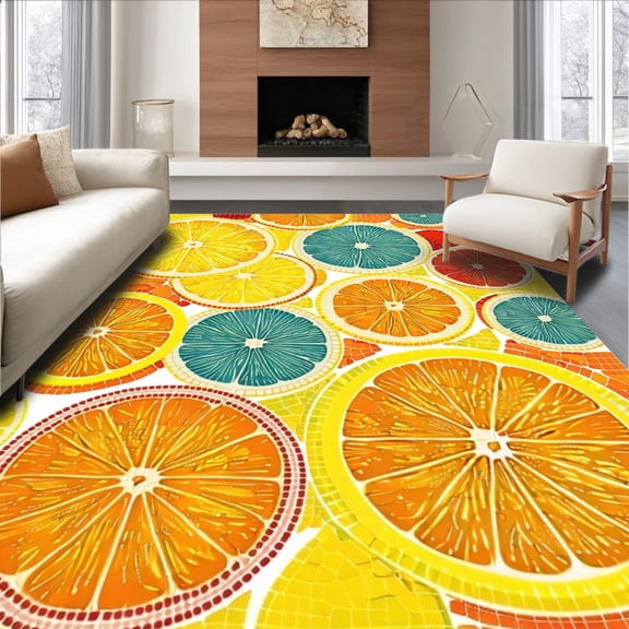 ODIKA 5'x7' Machine Washable Non-Slip Area Rug, Vibrant Citrus Slice Abstract Mosaic Design High Traffic Rug, Orange, 170041