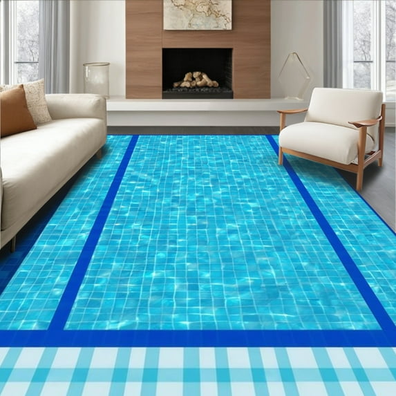 ODIKA 3'x5' Machine Washable Non-Slip Area Rug, Vibrant Poolside Aesthetic High Traffic Rug, Blue, 4014