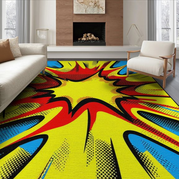 ODIKA 8'x10' Vibrant Style Explosion with Bold Colors Action Lines Yellow Washable Area Rug for Living Room, Under Sectional, Family , Durable, Non-Slip
