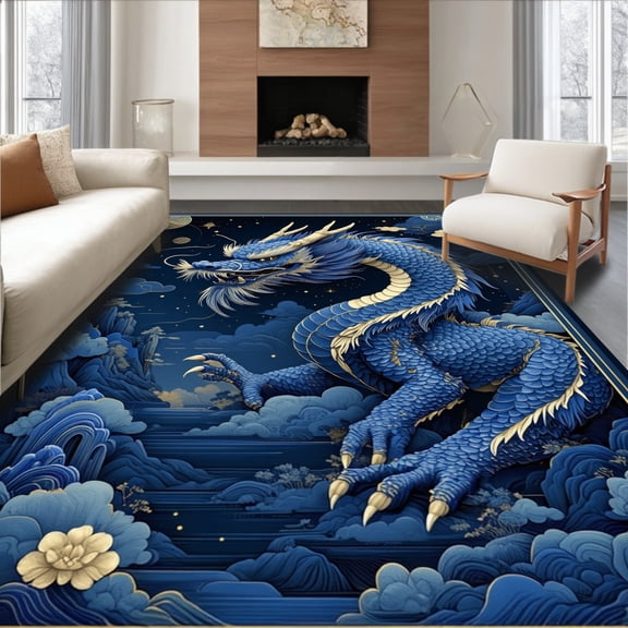 ODIKA 4'x6' Machine Washable Non-Slip Area Rug, Vibrant Earthy Dragon Aesthetic High Traffic Rug, Blue, 14398
