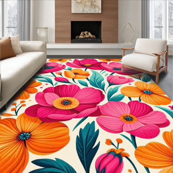 ODIKA 4'x6' Machine Washable Non-Slip Area Rug, Vibrant Floral Bloom Abstract Petal Motif High Traffic Rug, Pink, 60576