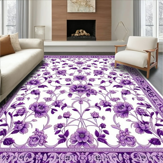 ODIKA 5'x7' Machine Washable Non-Slip Area Rug, Vibrant Floral with Elegant Purple Design for Modern Spaces High Traffic Rug, Purple, 83836