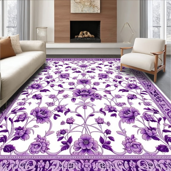 ODIKA 4'x6' Machine Washable Non-Slip Area Rug, Vibrant Floral with Elegant Purple Design for Modern Spaces High Traffic Rug, Purple, 83836