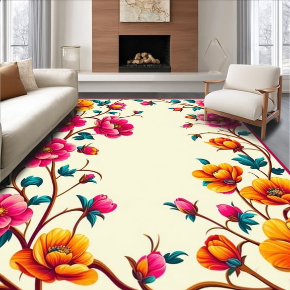 ODIKA 2'x3' Machine Washable Non-Slip Area Rug, Vibrant Floral Clips Pcs for Artistic Display High Traffic Rug, Pink, 121817