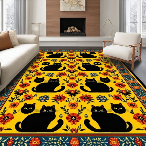 ODIKA 8'x10' Machine Washable Non-Slip Area Rug, Vibrant Garden Inspired Welcome High Traffic Rug, Yellow, 27814