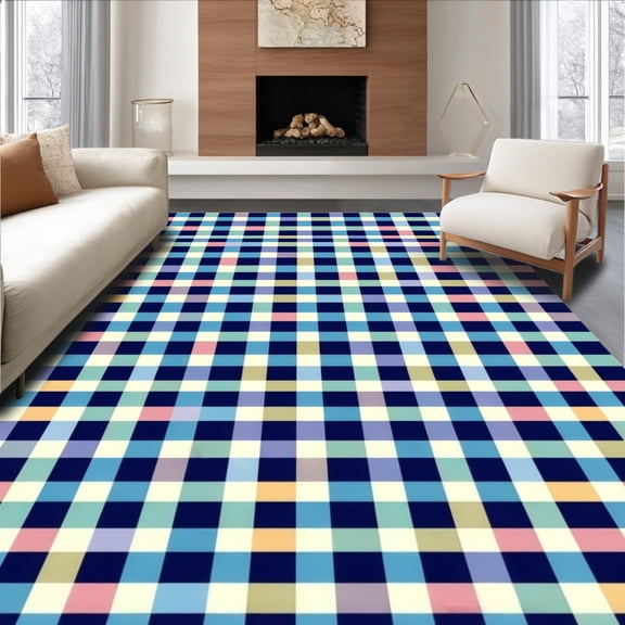 ODIKA 8'x10' Machine Washable Non-Slip Area Rug, Vibrant Geometric Check for Youthful Room Aesthetic High Traffic Rug, Navy, 139646