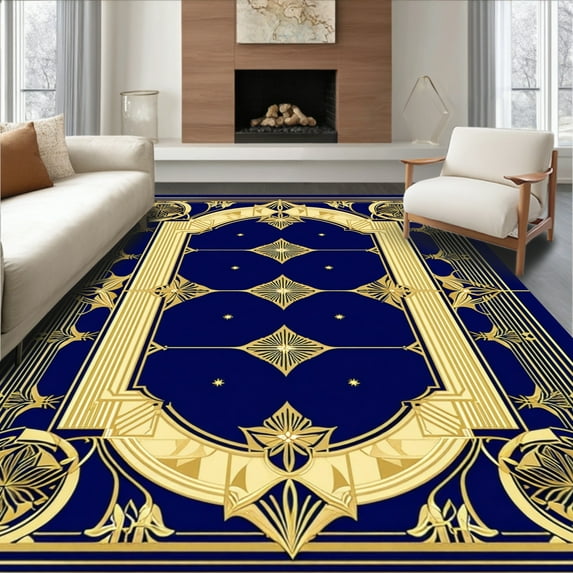 ODIKA 4'x6' Machine Washable Non-Slip Area Rug, Vibrant Geometric Navy Motif High Traffic Rug, Blue, 18039