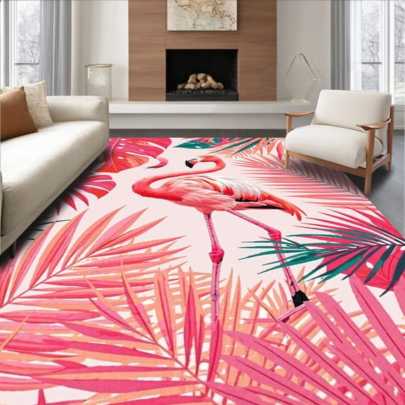 Flatwoven High Traffic Area Rug, Vibrant Green Monstera Leaf Motif, Non Slip, Stain Resistant, Washable Area Rugs for Living Room, Bedroom(Pink, 4X6)