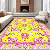 Flatwoven High Traffic Area Rug, Vibrant Groovy Flower Arrangement, Non Slip, Stain Resistant, Washable Area Rugs for Living Room, Bedroom(Yellow, 4X6)