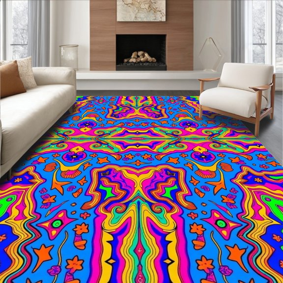 Flatwoven High Traffic Area Rug, Vibrant Kaleidoscopic Rainbow with Fun Elements, Non Slip, Stain Resistant, Washable Area Rugs for Living Room, Bedroom(Blue, 2X3)