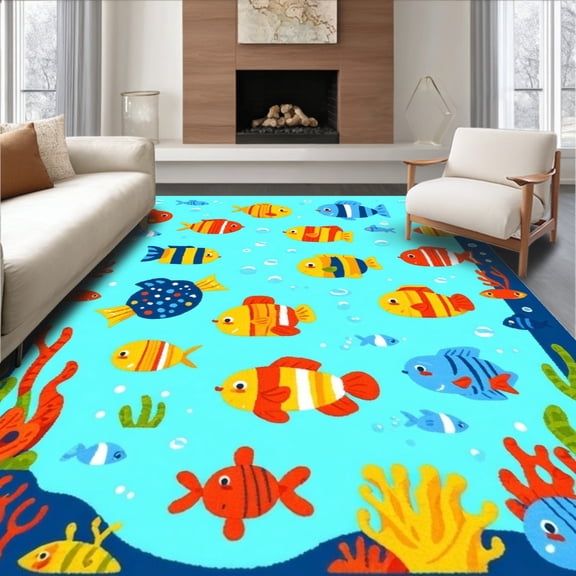 ODIKA 5'x7' Machine Washable Non-Slip Area Rug, Vibrant Play Colorful ABCs & Friendly Sea Creatures High Traffic Rug, Blue, 85377