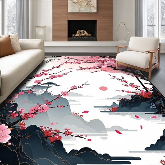 ODIKA 4'x6' Machine Washable Non-Slip Area Rug, Cherry Blossom Botanical Accent Pink High Traffic Rug, Pink, 25681