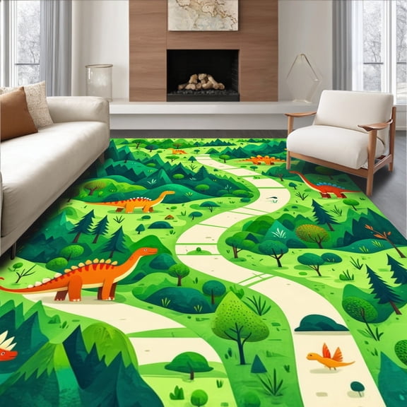 ODIKA 8'x10' Machine Washable Non-Slip Area Rug, Vibrant Safari Road Map Design High Traffic Rug, Green, 8475