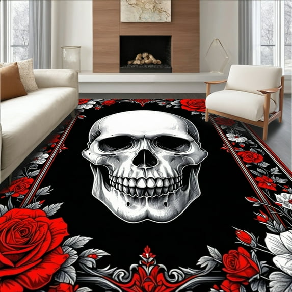 ODIKA 5'x7' Machine Washable Non-Slip Area Rug, Vibrant Sugar Skull Artistry High Traffic Rug, Red, 19256