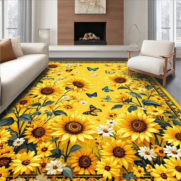 Flatwoven High Traffic Area Rug, Vibrant Sunflower Circle Aesthetic, Non Slip, Stain Resistant, Washable Area Rugs for Living Room, Bedroom(Yellow, 4X6)