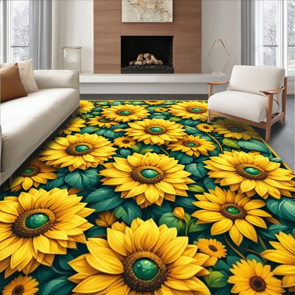 ODIKA 2'x3' Machine Washable Non-Slip Area Rug, Vibrant Sunflower Themed with Lush Floral Design for High Traffic Rug, Yellow, 87026