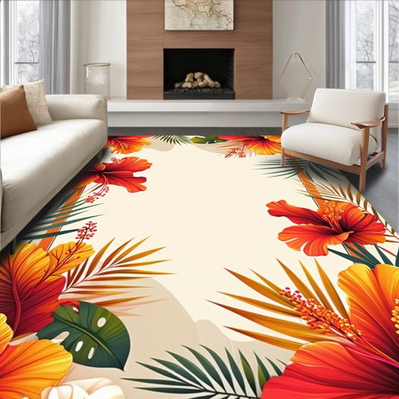 Flatwoven High Traffic Area Rug, Vibrant Tropical Flora With Layered Petal Motifs And Curved Vines, Non Slip, Stain Resistant, Washable Area Rugs for Living Room, Bedroom(Red, 2X3)