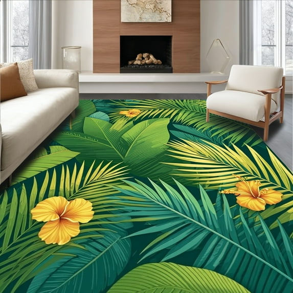 ODIKA 4'x6' Machine Washable Non-Slip Area Rug, Vibrant Tropical Leaf Design with Exotic Jungle High Traffic Rug, Green, 123155