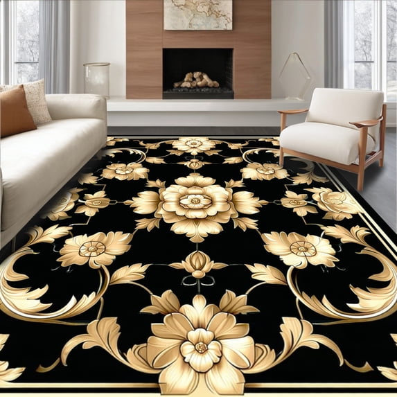 ODIKA 4'x6' Machine Washable Non-Slip Area Rug, Victorian Inspired Floral Medallion with Ornate Symmetrical Motifs High Traffic Rug, Gold, 217171