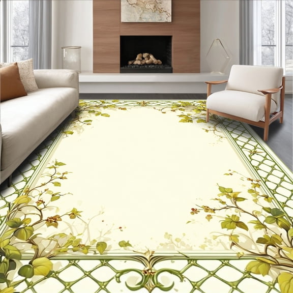 ODIKA 4'x6' Machine Washable Non-Slip Area Rug, Victorian Inspired Ornamental Vinework with Classic Lattice Motif High Traffic Rug, Green, 268885