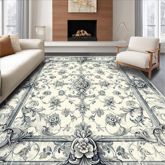 Flatwoven High Traffic Area Rug, Victorian Inspired Rococo Swirl Design Featuring Stylized Foliage Arabesques, Non Slip, Stain Resistant, Washable Area Rugs for Living Room, Bedroom(Gray, 2X3)