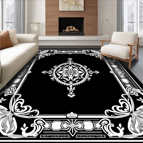 ODIKA 6' Machine Washable Non-Slip Area Rug, Victorian Medallion Interlocking Floral Scrollwork and Animal Motif Design High Traffic Rug, Black, 300028