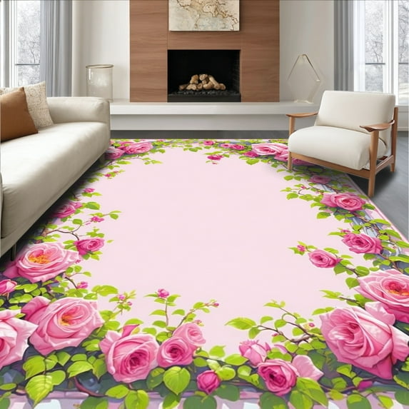 Flatwoven High Traffic Area Rug, Victorian Rose Garden Pink Floral Elegance, Non Slip, Stain Resistant, Washable Area Rugs for Living Room, Bedroom(Pink, 5X7)