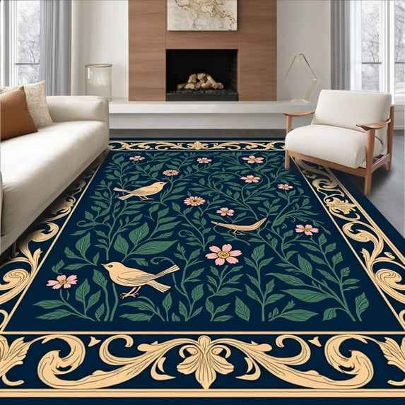 ODIKA 4'x6' Machine Washable Non-Slip Area Rug, Victorian Songbird with Flourishing Blooms and Vines High Traffic Rug, Gold, 290851