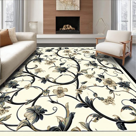 Flatwoven High Traffic Area Rug, Vine & Bloom Botanical Interlace, Non Slip, Stain Resistant, Washable Area Rugs for Living Room, Bedroom(Ivory, 2X3)