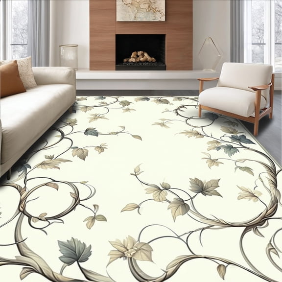 ODIKA 8'x10' Machine Washable Non-Slip Area Rug, Vine Scroll Botanical Tendril Winding Leafy Arrangement High Traffic Rug, Beige, 168021