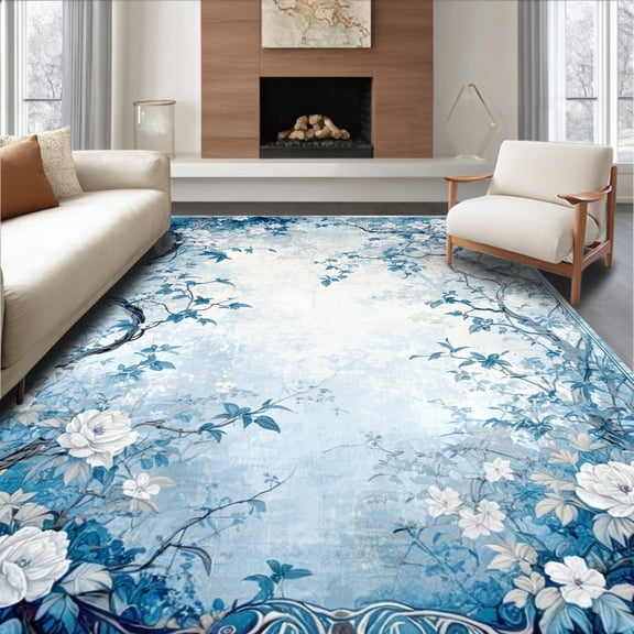 ODIKA 4'x6' Machine Washable Non-Slip Area Rug, Vinework and Subtle Abstract Floral Layers High Traffic Rug, Blue, 83985