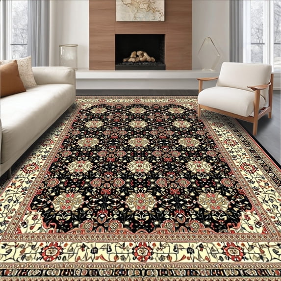 ODIKA 4'x6' Machine Washable Non-Slip Area Rug, Vintage Abstract Modern High Traffic Rug, Black, 46381