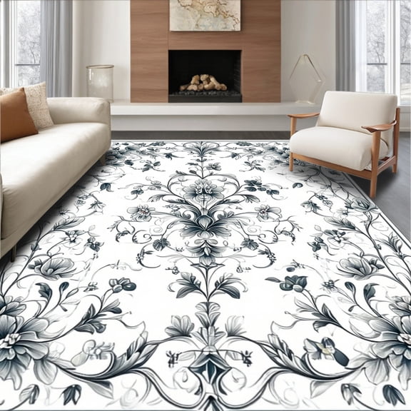 ODIKA 4'x6' Machine Washable Non-Slip Area Rug, Vintage Black Floral with Ornate Botanical and Medallion High Traffic Rug, Gray, 85824