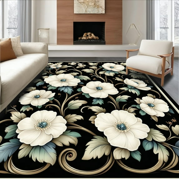 ODIKA 6'x9' Machine Washable Non-Slip Area Rug, Vintage Bloom Accent Floor with Delicate Floral High Traffic Rug, White, 155021